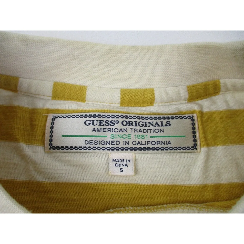 Guess Shirt Mens Small Yellow Striped Originals Embroidered Logo Crewneck Tee - Picture 4 of 9